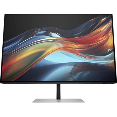 Ein moderner Computerbildschirm zeigt ein dynamisches, abstraktes Bild mit fließenden, bunten Linien auf schwarzem Hintergrund.
