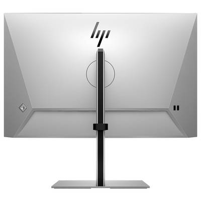 Ein silberner Computermonitor, Rückansicht, mit einem schlichten Standfuß. Zeigt Markenlogo oben in der Mitte.