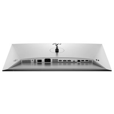'Rückseite eines Computerbildschirms mit verschiedenen Anschlüssen: Strom, HDMI, DisplayPort, USB. modernes Design, zentrale Standfußöffnung.'