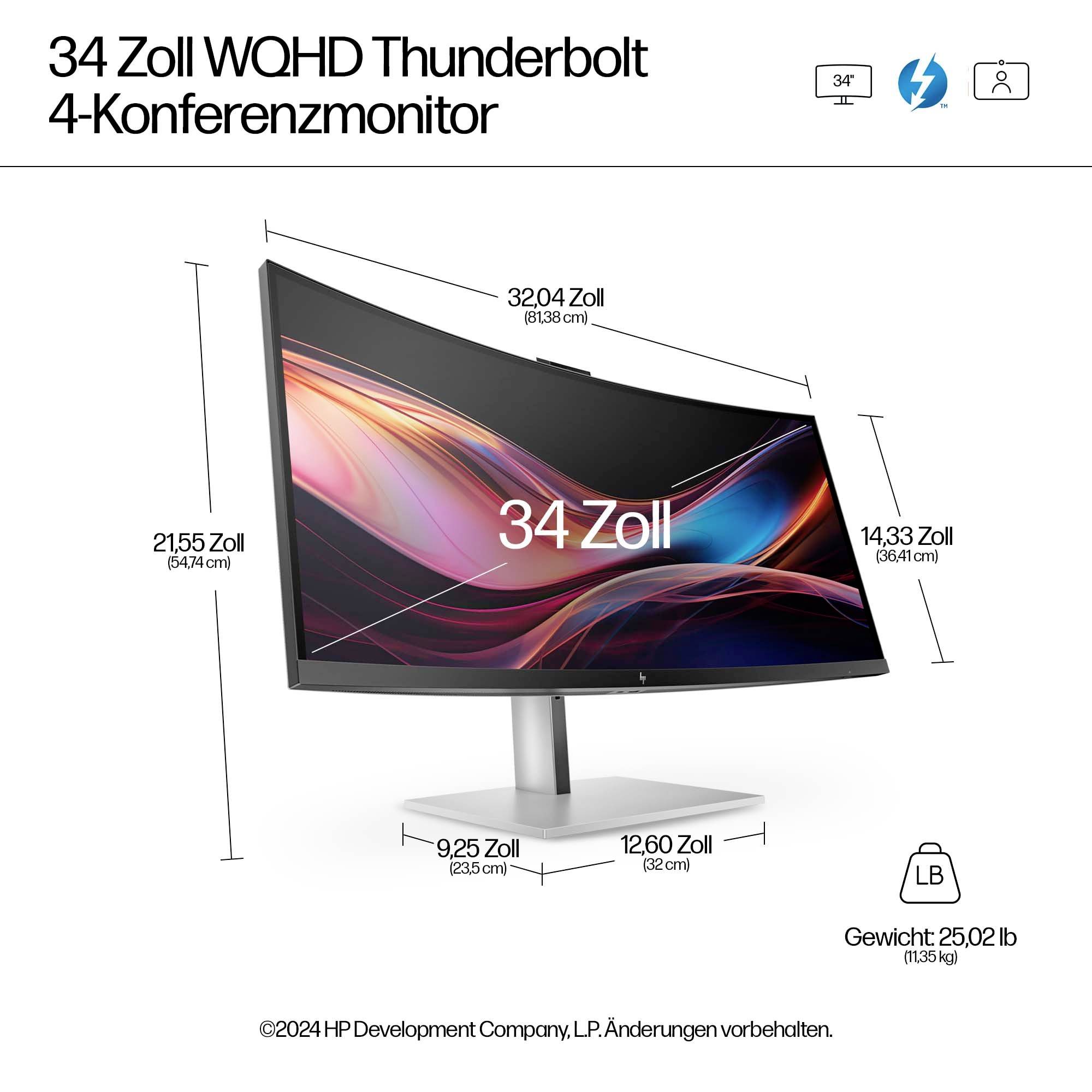 '34 Zoll WQHD Thunderbolt Konferenzmonitor' zeigt einen gebogenen Monitor mit den Maßen 34 Zoll Bildschirmgröße und WQHD-Auflösung.