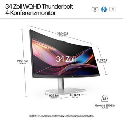 '34 Zoll WQHD Thunderbolt Konferenzmonitor' zeigt einen gebogenen Monitor mit den Maßen 34 Zoll Bildschirmgröße und WQHD-Auflösung.