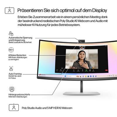 Ein gekrümmter Bildschirm zeigt eine Videokonferenz. Text erklärt Funktionen: automatische Sperrung, Geräuschunterdrückung, Auto Framing, Hintergrundunscharfe. Poly Studio Audio und 5 MP HDR KI Webcam.