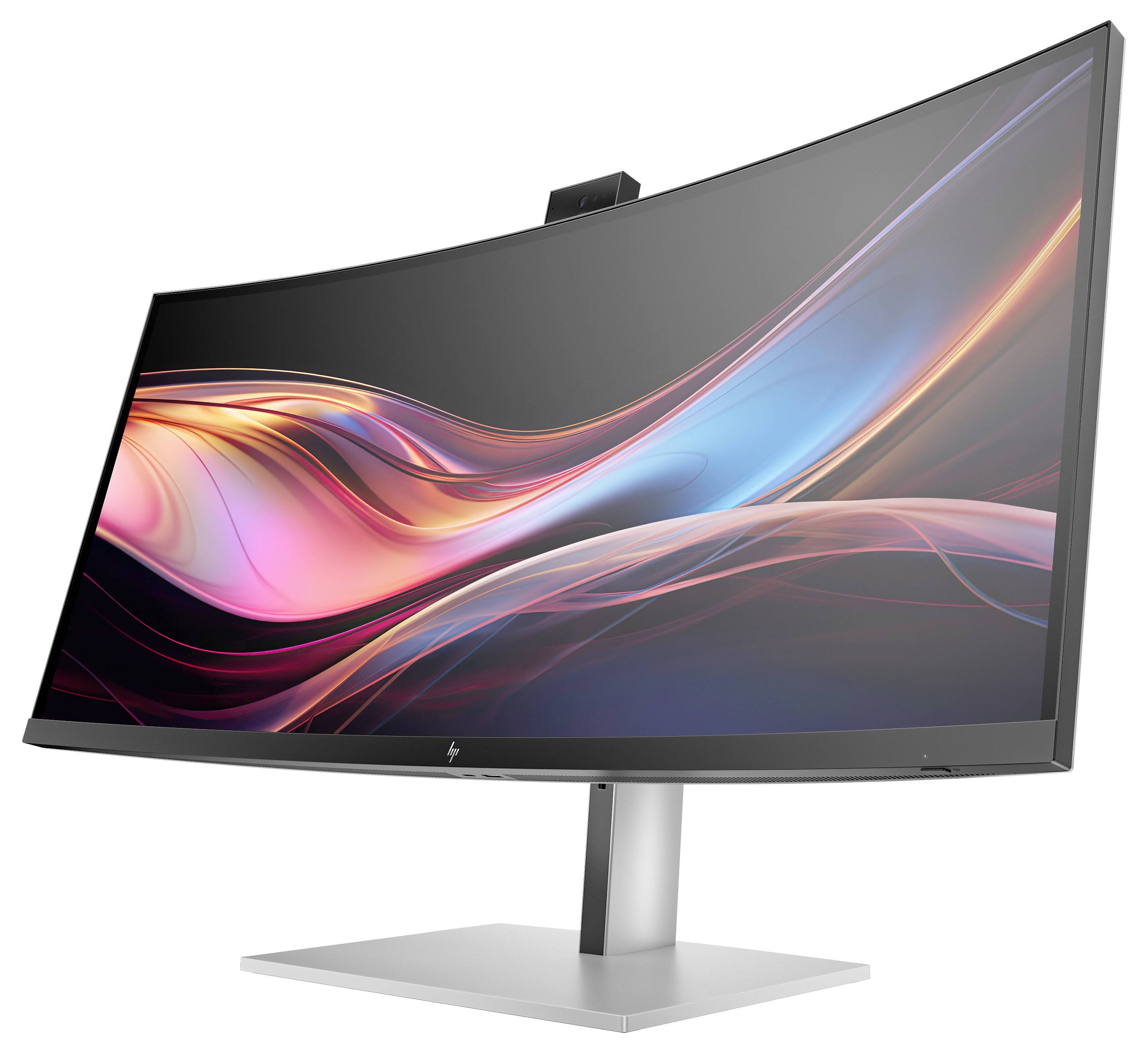 Ein gekrümmter Computerbildschirm mit farbenfrohen, abstrakten Mustern auf dem Display, montiert auf einem grauen Standfuß.