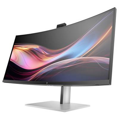 Ein gekrümmter Computerbildschirm mit farbenfrohen, abstrakten Mustern auf dem Display, montiert auf einem grauen Standfuß.