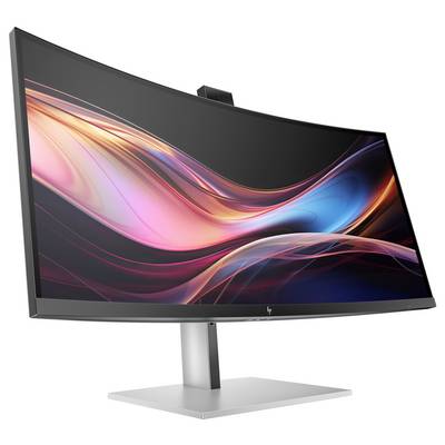 Curved Bildschirm in Silber auf einem Ständer mit dynamischem, buntem Hintergrundmuster. Ideal für ein immersives Seherlebnis.