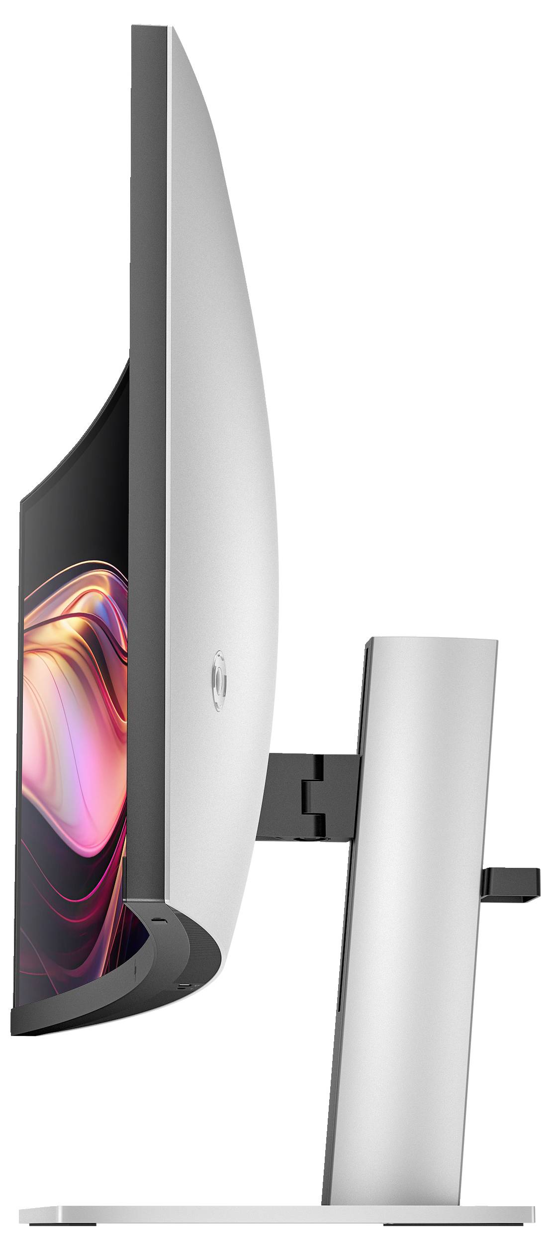 Profilansicht eines modernen Computerbildschirms mit gebogenem Design und schmalem Metallständer.
