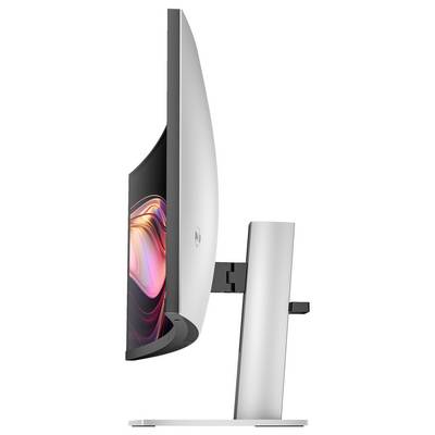 Profilansicht eines modernen Computerbildschirms mit gebogenem Design und schmalem Metallständer.