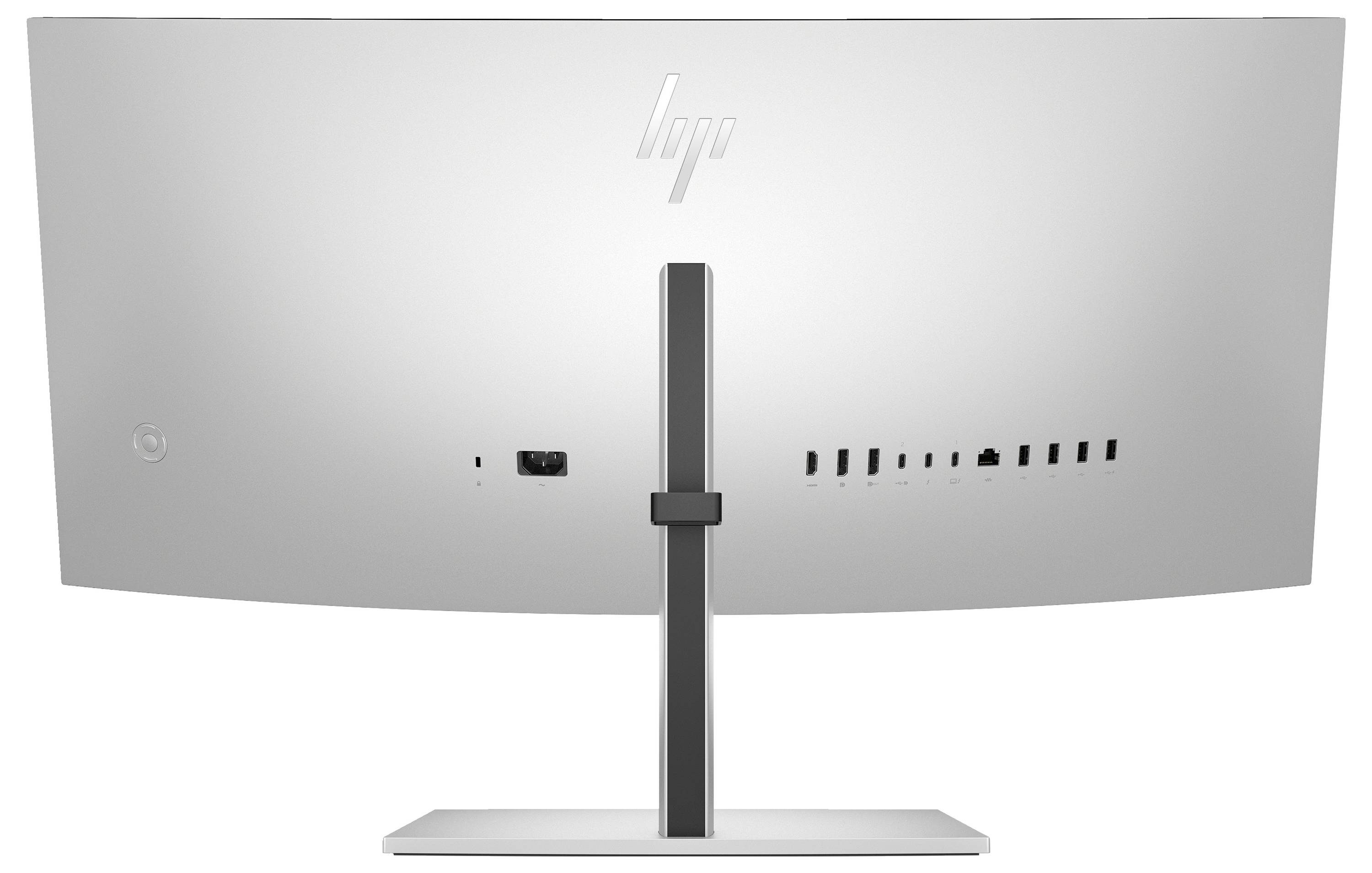 Rückansicht eines Monitors mit verschiedenen Anschlüssen, einschließlich HDMI und USB, auf einem schlanken, rechteckigen Standfuß.