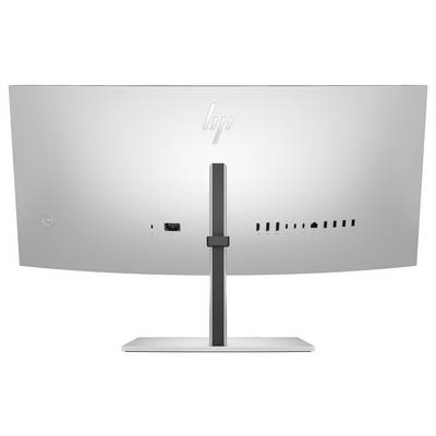 Rückansicht eines Monitors mit verschiedenen Anschlüssen, einschließlich HDMI und USB, auf einem schlanken, rechteckigen Standfuß.