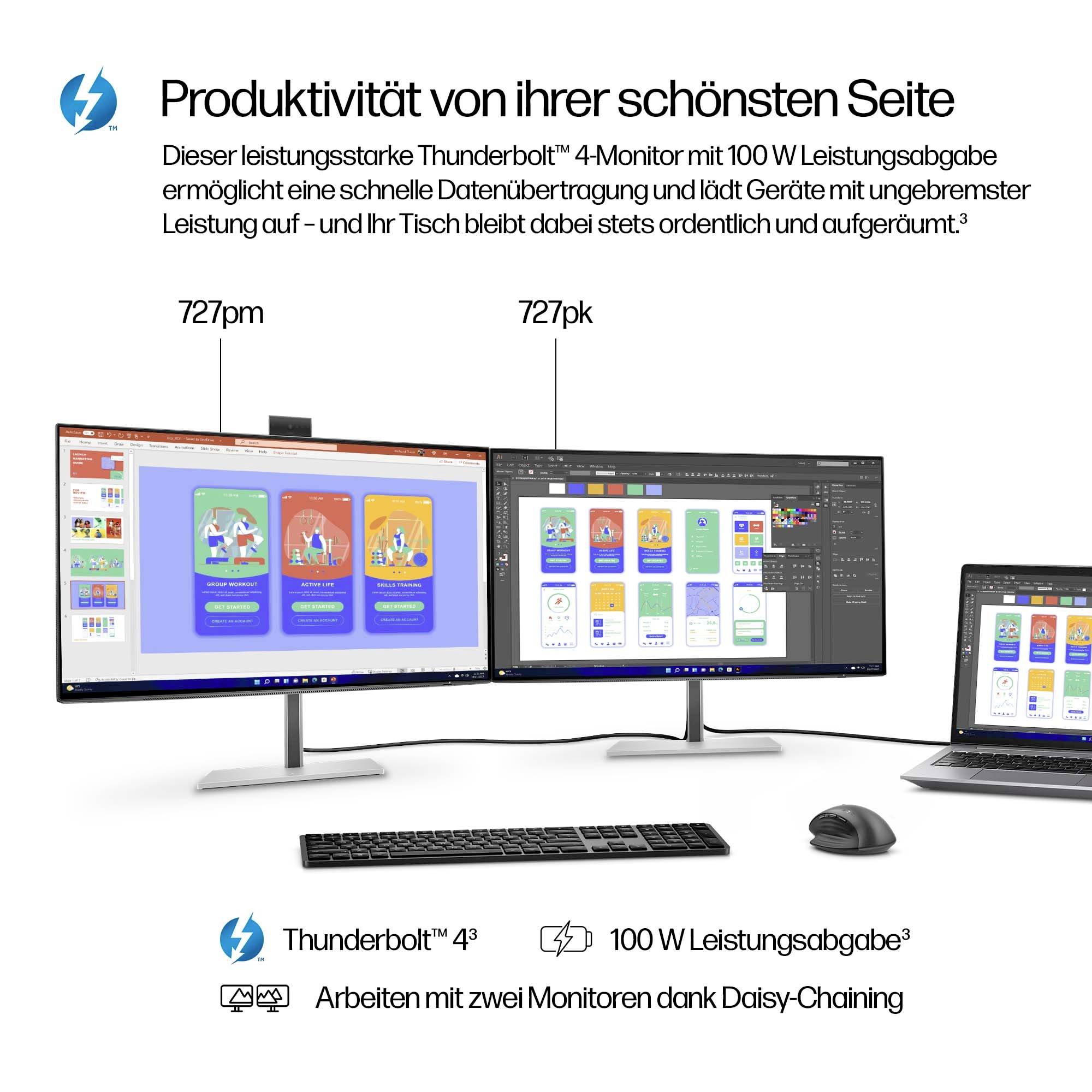 Der Text beschreibt ein Doppeleinstellungs-Monitor-Setup mit Thunderbolt 4 Verbindung, betont Produktivität und eine aufgeräumte Tischoberfläche.