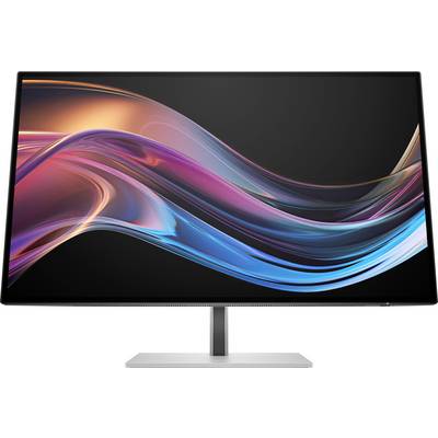Ein moderner Computermonitor mit schmalem Rahmen zeigt ein farbenfrohes, geschwungenes Design in leuchtenden Blau- und Rottönen auf schwarzem Hintergrund.