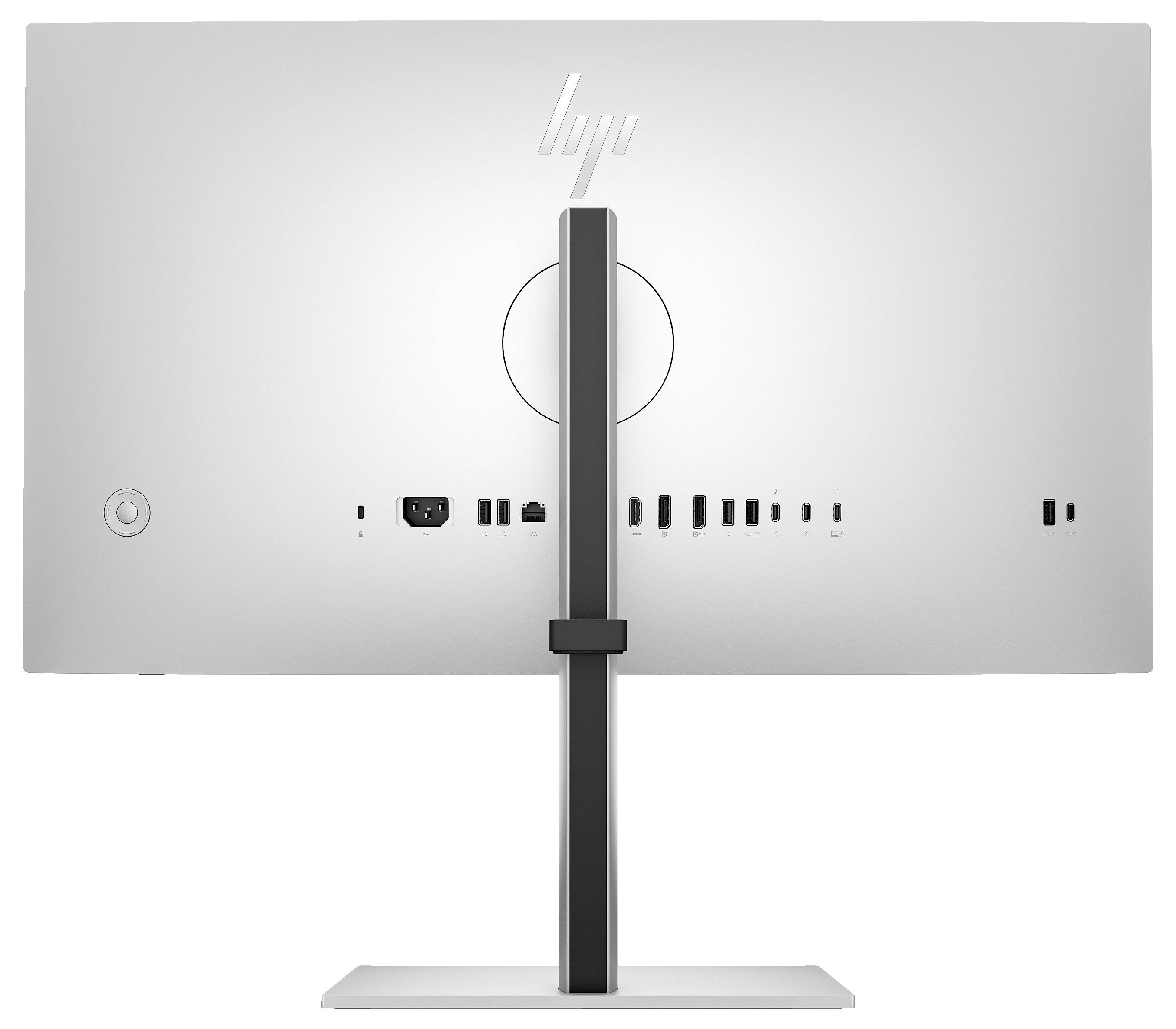 Rückansicht eines silbernen Computerbildschirms mit verschiedenen Anschlüssen und einem zentralen Standfuß.