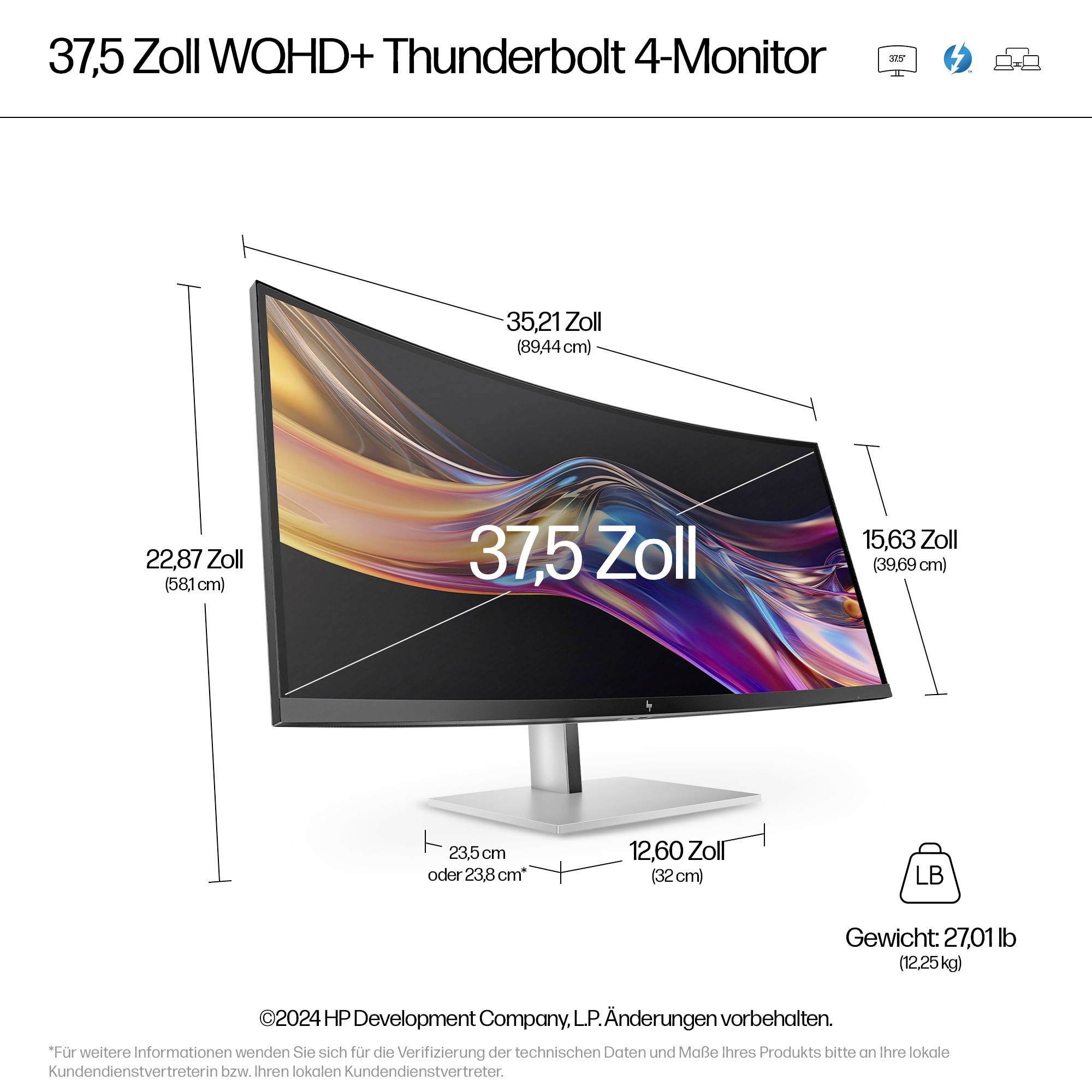 '37,5 Zoll WQHD+ Thunderbolt 4-Monitor' von HP zeigt einen geschwungenen Bildschirm auf einem silbernen Standfuß. Maße und Gewicht angegeben.