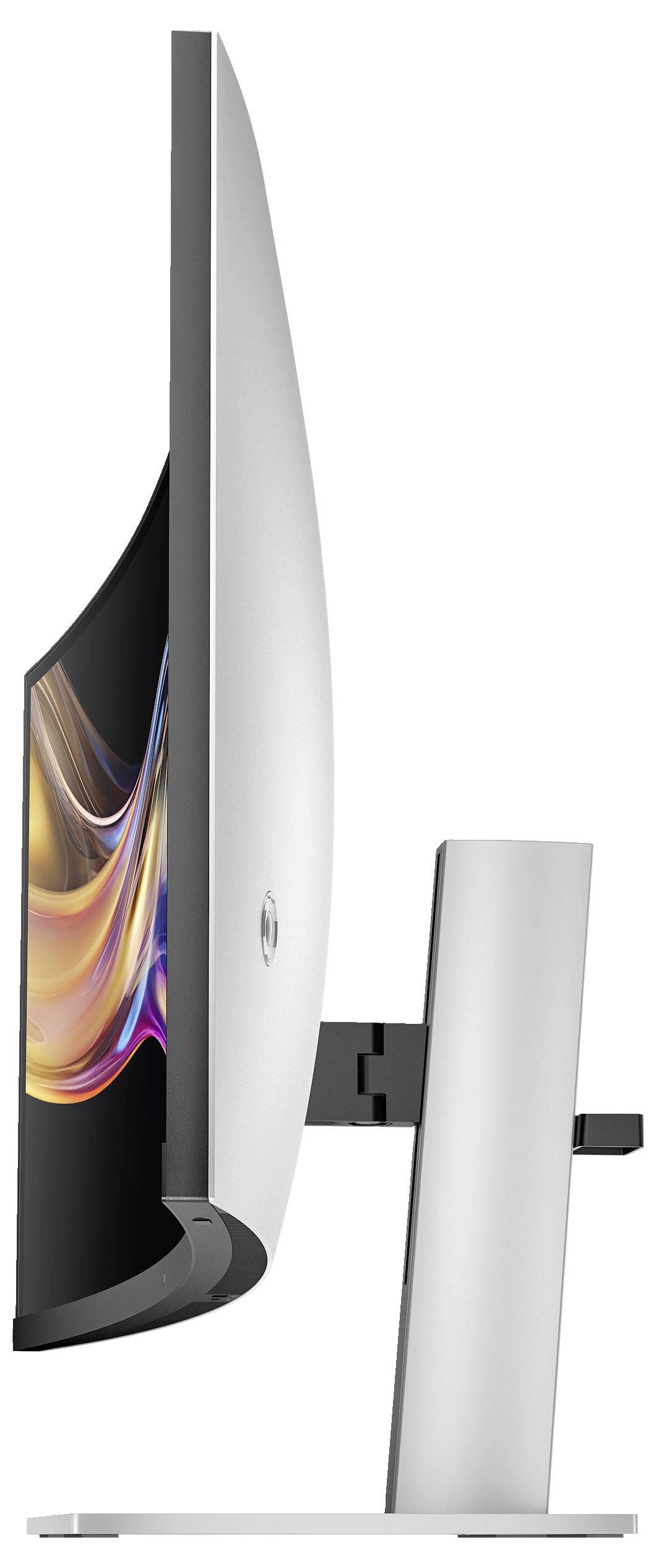 Seitenansicht eines modernen gebogenen Computerbildschirms auf einem silbernen Standfuß. Das Display zeigt bunte Linien.