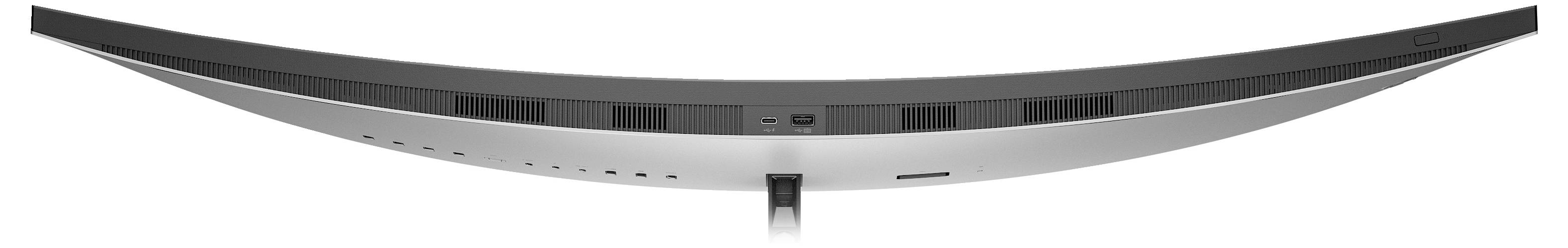 Die Rückansicht eines gebogenen Monitors, zeigt die oberen Lüftungsschlitze und Steckplätze für verschiedene Kabelanschlüsse.