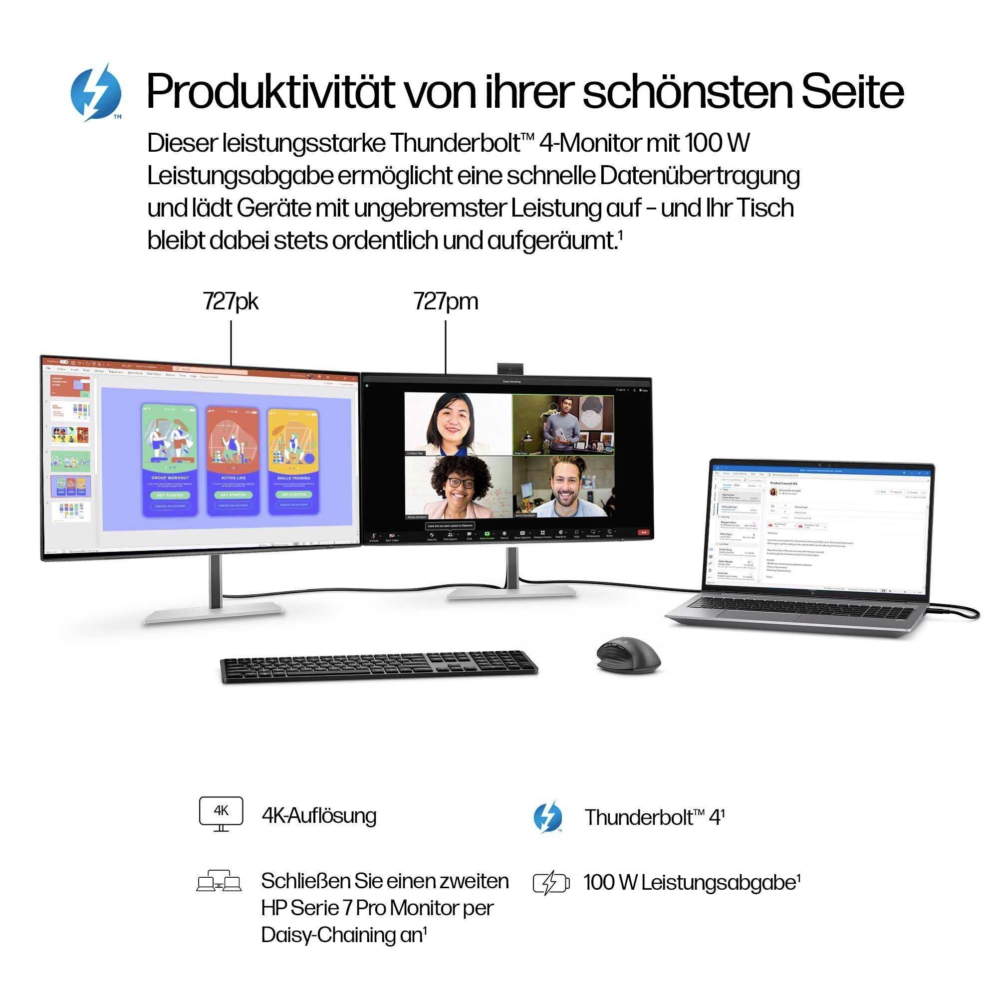 'Produktivität von ihrer schönsten Seite' zeigt einen Arbeitsplatz mit zwei Monitoren und einem Laptop, betont Datenübertragung und Leistung.