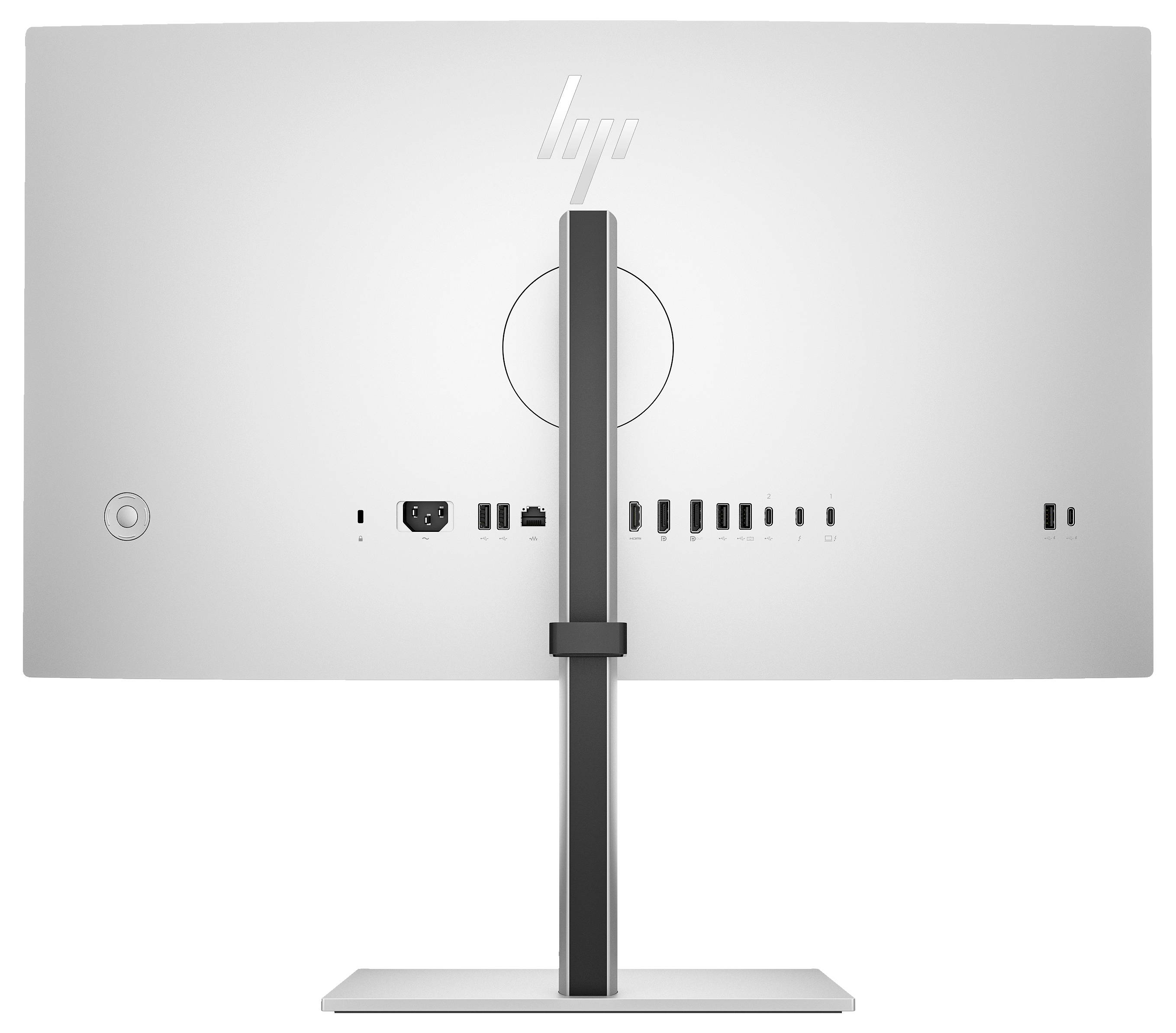 Rückansicht eines Computermonitors mit mehreren Anschlüssen und einem stabilen Standfuß.