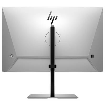 Ein moderner Computerbildschirm von hinten, mit einem schlanken, silbernen Design und einem zentral montierten Standfuß.