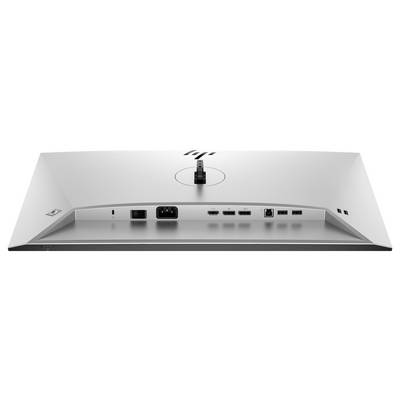 Rückseite eines Monitors mit verschiedenen Anschlüssen: HDMI, DisplayPort, USB und Stromanschluss. Montagemöglichkeit oben.