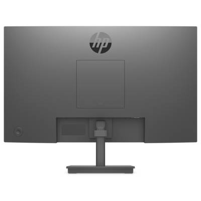 Ein grauer Computermonitor von hinten, zeigt das HP-Logo oben und die Monitorhalterung unten.
