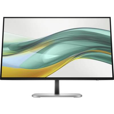 Ein moderner Computermonitor mit schlankem Design und einer wellenförmigen abstrakten Grafik auf dem Bildschirm.