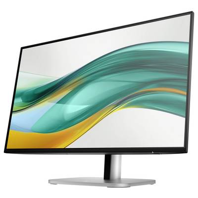 Ein Computermonitor mit einem modernen, schlanken Design, zeigt ein abstraktes Bild mit grünen und gelben Wellen auf weißem Hintergrund.