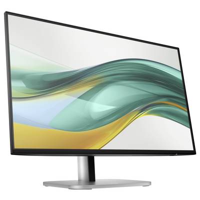 Ein moderner Computerbildschirm mit einem schlanken Design zeigt ein abstraktes, farbenfrohes Muster in Grün- und Gelbtönen.