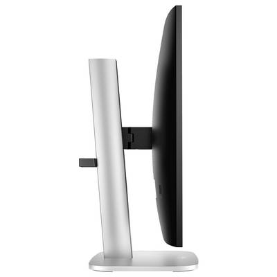 Seitenansicht eines modernen Computerbildschirms mit schlankem Design, schwarzem Display und silbernem Standfuß.