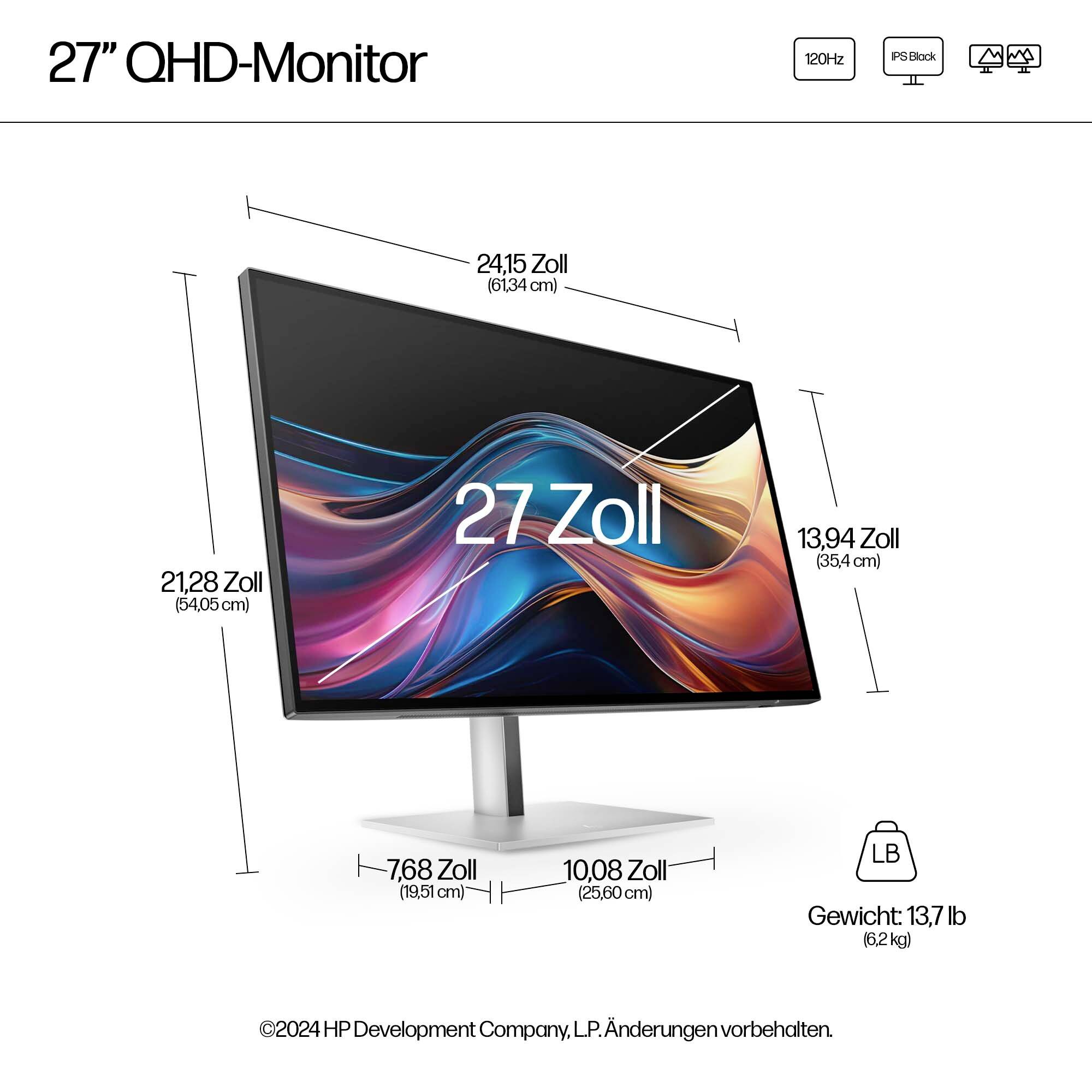 Ein 27-Zoll-QHD-Monitor mit schlankem Design. Maße: 21,28 x 13,94 x 7,68 x 10,08 Zoll. Gewicht: 13,7 lb. RGB-Farben auf dem Bildschirm.