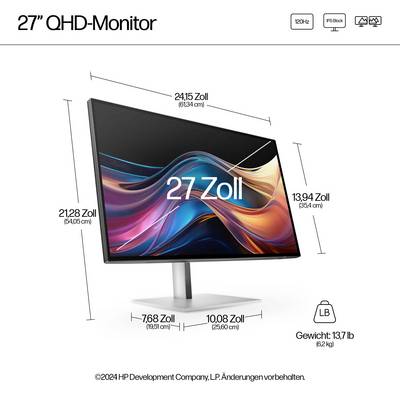 Ein 27-Zoll-QHD-Monitor mit schlankem Design. Maße: 21,28 x 13,94 x 7,68 x 10,08 Zoll. Gewicht: 13,7 lb. RGB-Farben auf dem Bildschirm.