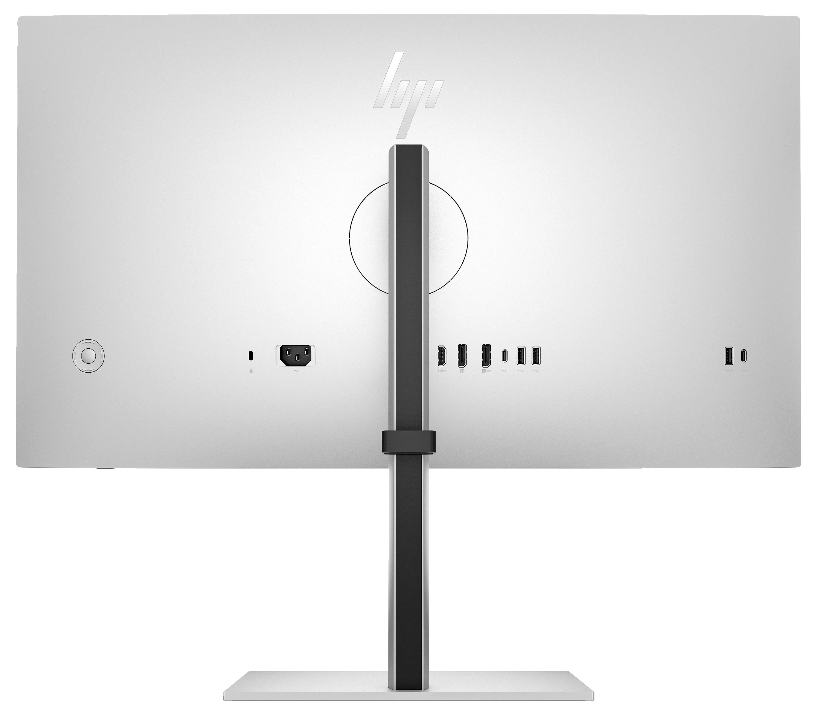 Rückansicht eines Monitors mit mehreren Anschlüssen und Standfuß.