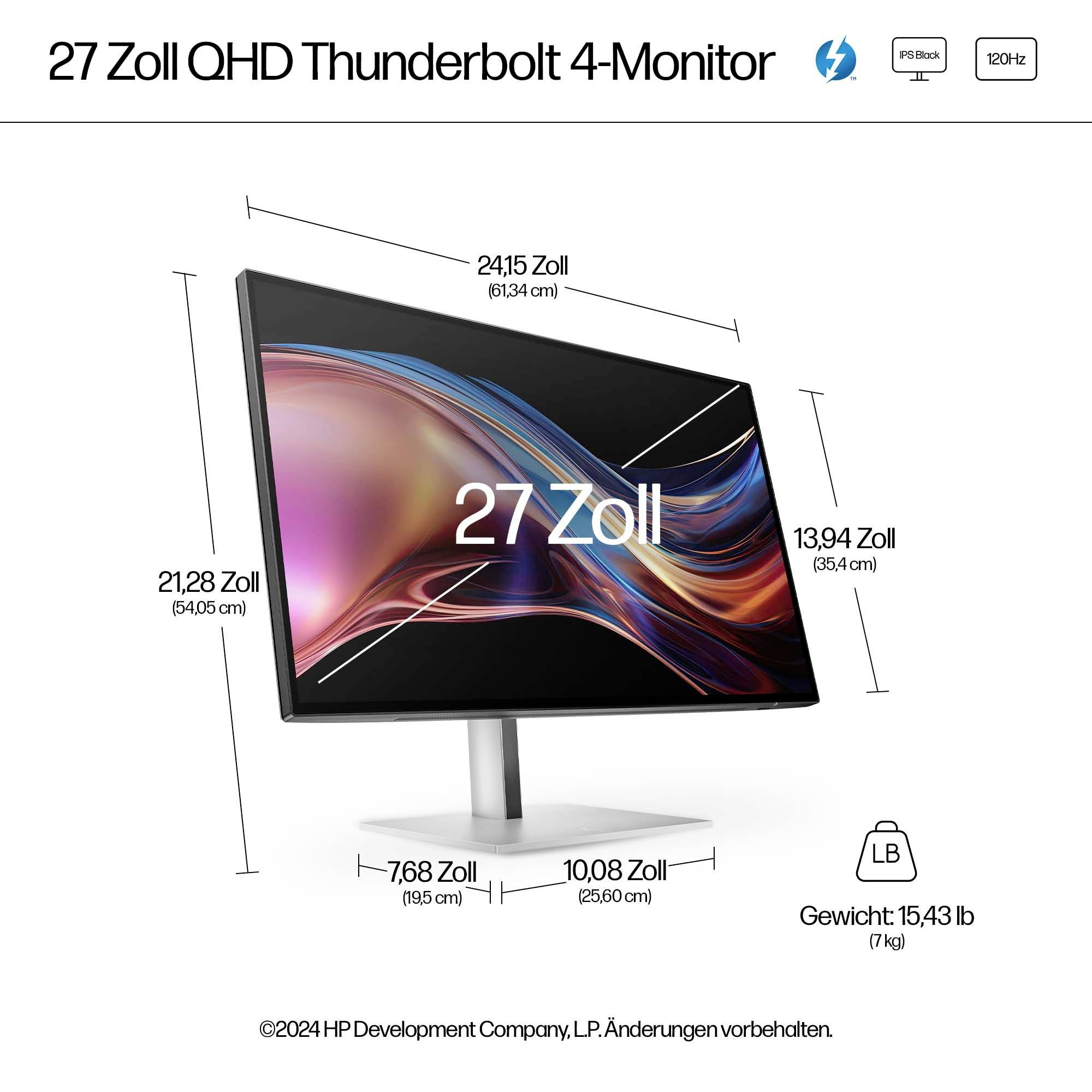 '27 Zoll QHD Thunderbolt 4-Monitor' auf weißem Hintergrund. Die Abmessungen sind: Breite 21,28 Zoll, Höhe 13,94 Zoll, Tiefe 10,08 Zoll. Gewicht: 15,43 lb.