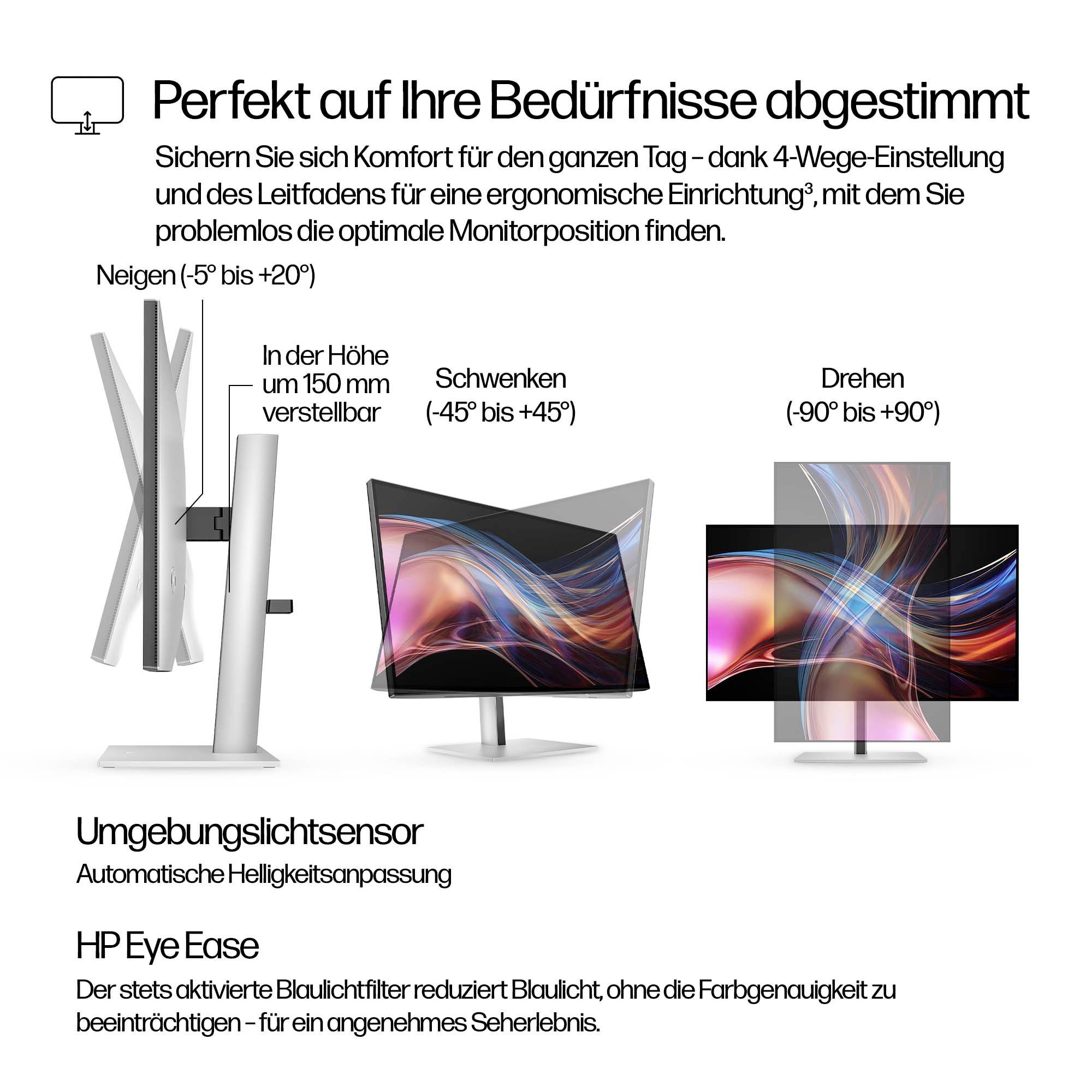 Ein Monitor zeigt flexible Anpassungsoptionen wie Neigen, Schwenken und Drehen. Umgebungssensor und Blaulichtfilter sind integriert.