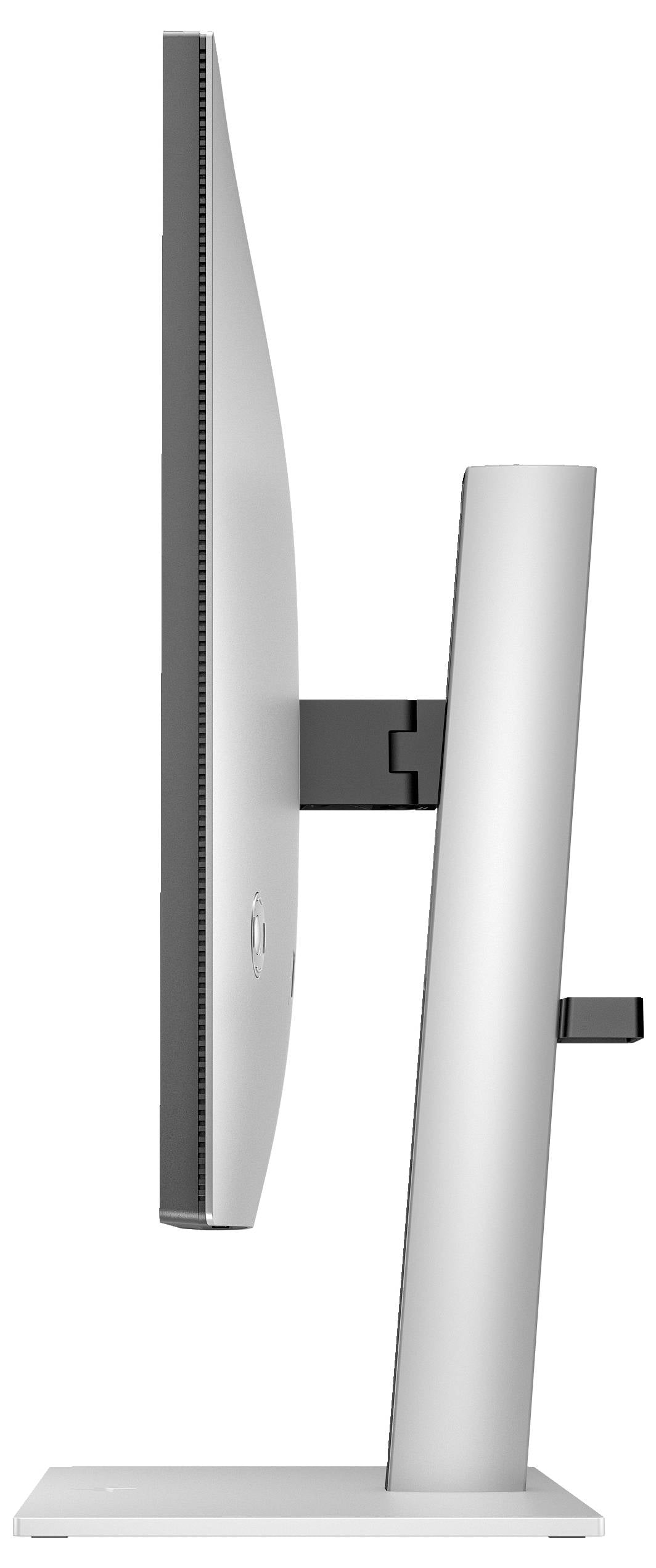 Seitenansicht eines schlanken, modernen Computerbildschirms mit einem stabilen Standfuß, schwarz-grauem Design und Neigungsverstellung.