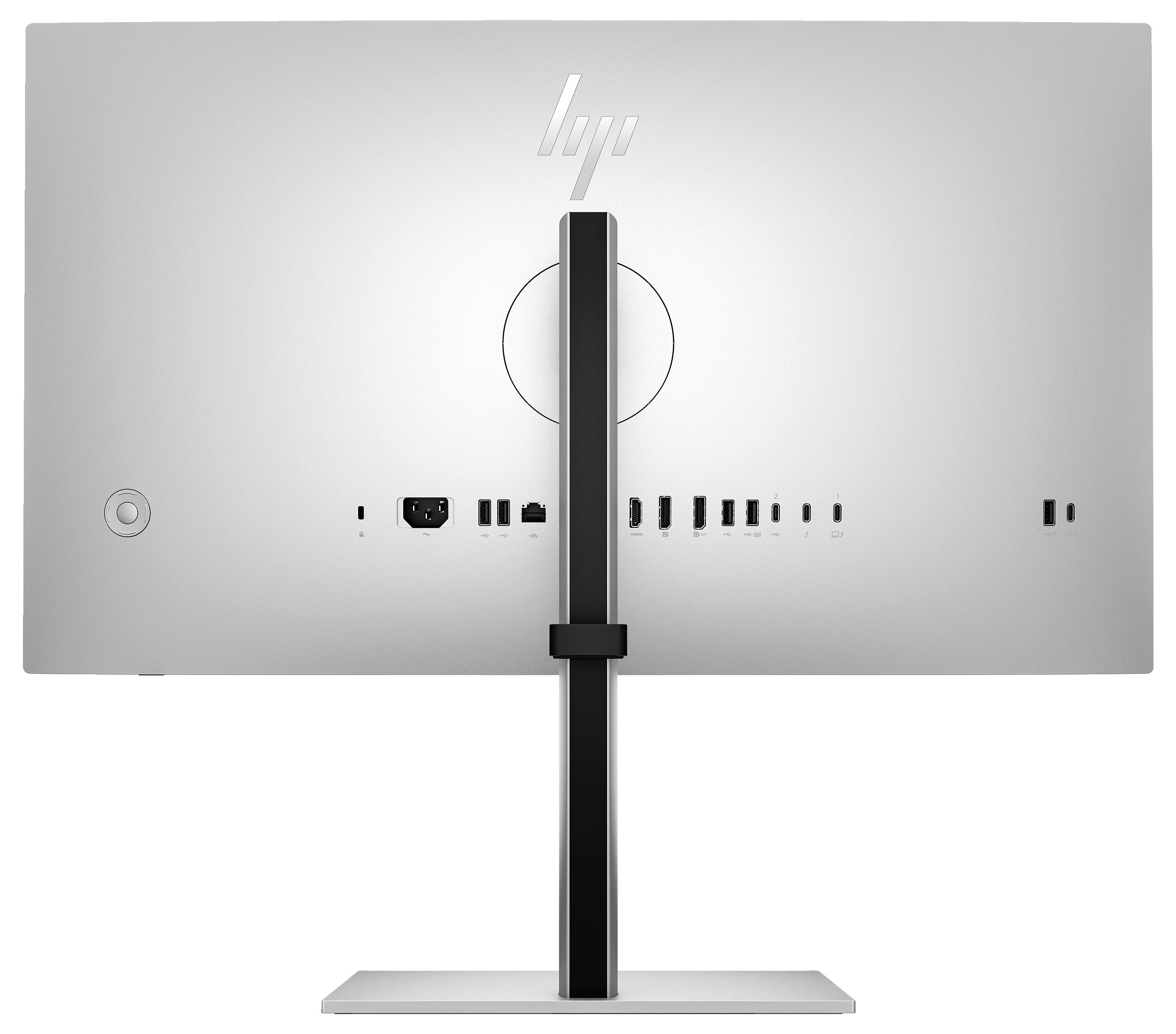 Rückansicht eines silbernen Monitors mit mehreren Anschlüssen und Standfuß, ohne sichtbare Bildschirmoberfläche.