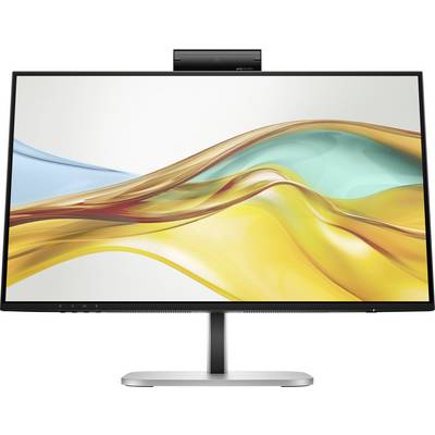 Ein moderner Flachbildschirm-Monitor mit schwarzem Rahmen, zeigt ein buntes, abstraktes Hintergrundbild in Gelb, Blau und Orange.