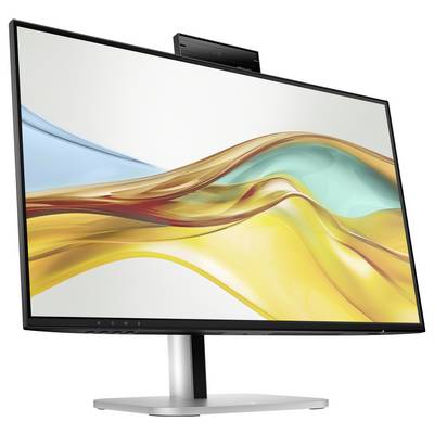 Ein moderner Computermonitor mit einem schlanken Design, leicht geneigt zur Seite, zeigt ein farbenfrohes abstraktes Bild auf dem Bildschirm.