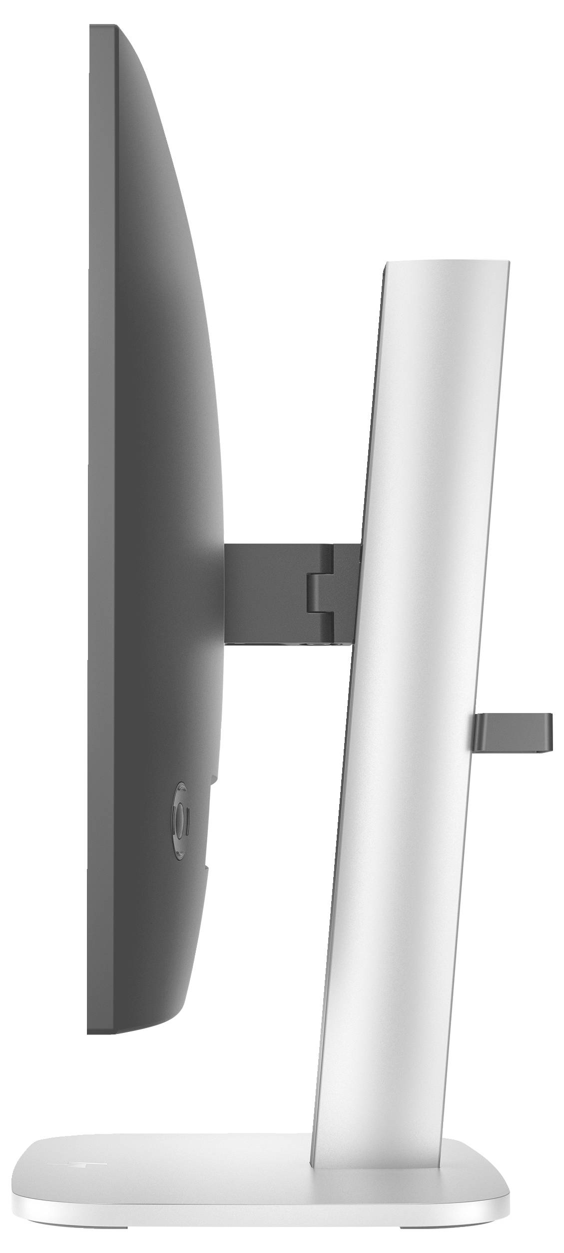 Seitenansicht eines modernen Computer-Monitors mit schlankem Design und gebogenem Bildschirm. Der Bildschirm ist in einem Silberrahmen montiert.