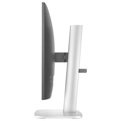 Seitenansicht eines modernen Computer-Monitors mit schlankem Design und gebogenem Bildschirm. Der Bildschirm ist in einem Silberrahmen montiert.