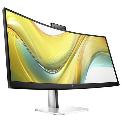 Ein gekrümmter Computerbildschirm mit leuchtend gelbem und grünem Hintergrundmotiv, montiert auf einem silbernen Standfuß.