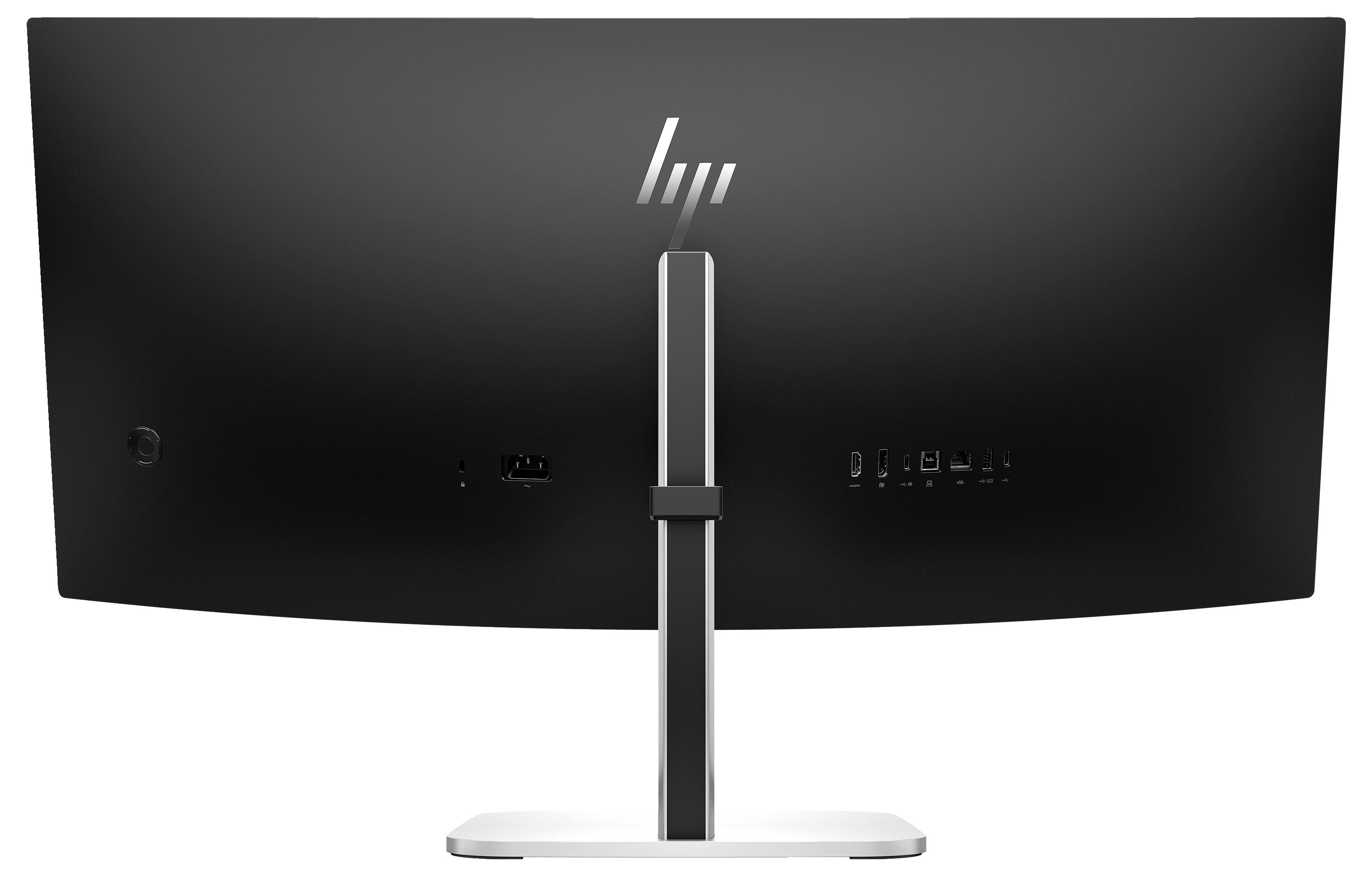 'Schwarzer, gebogener Computer-Monitor von hinten mit einem markanteren Standfuß, mehreren Anschlüssen und einem Firmenlogo oben.'