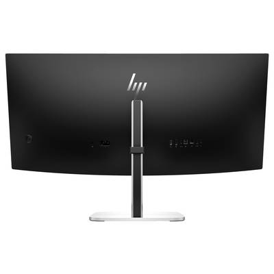 'Schwarzer, gebogener Computer-Monitor von hinten mit einem markanteren Standfuß, mehreren Anschlüssen und einem Firmenlogo oben.'