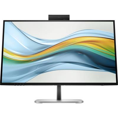Monitor mit schlankem Rahmen, zeigt wellenförmiges, abstraktes Design in Blau und Orange auf dem Bildschirm. Design betont Klarheit.