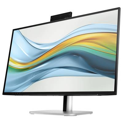 Ein großer Computerbildschirm zeigt ein abstraktes farbenfrohes Wellenmuster in Blau und Orange. Der Bildschirm steht schräg.