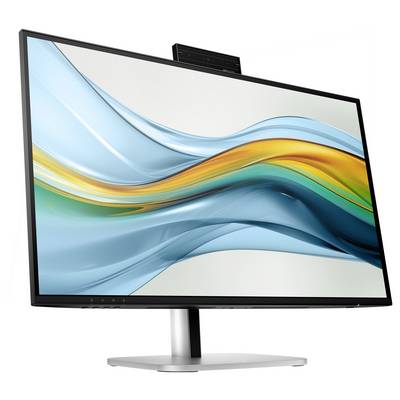 Ein moderner Computerbildschirm mit schlankem Rahmen. Auf dem Bildschirm ist ein abstraktes, wellenförmiges Design in Blau- und Orangetönen zu sehen.