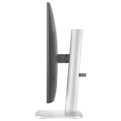 Ein schmaler Computermonitor seitlich gesehen, zeigt das dünne Design und den stabilen, silberfarbenen Standfuß.