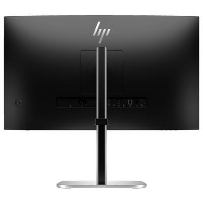 Rückansicht eines schwarzen Monitors mit Standfuß. Oben ist ein Logo zu sehen, unten sind verschiedene Anschlüsse erkennbar.