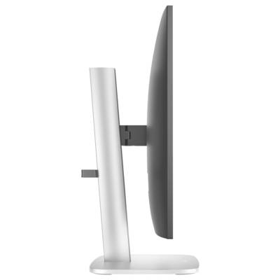 Seitenansicht eines modernen Computerbildschirms mit schlankem, gebogenem Design und stabilem, verstellbarem Standfuß.