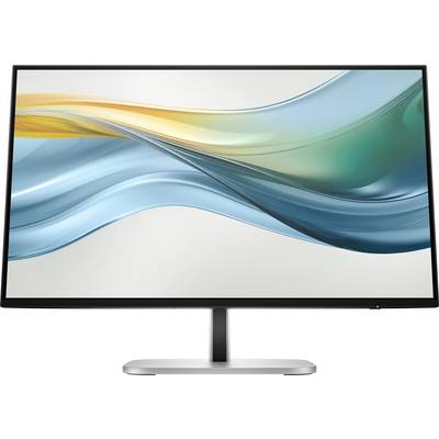 Ein moderner Computerbildschirm mit schlankem Rahmen. Die Anzeige zeigt ein abstraktes Wellendesign in Blau- und Gelbtönen.