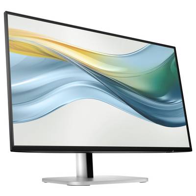 Ein moderner Computerbildschirm mit dünnem Rahmen zeigt ein abstraktes Hintergrundbild in Gelb, Blau und Grün.